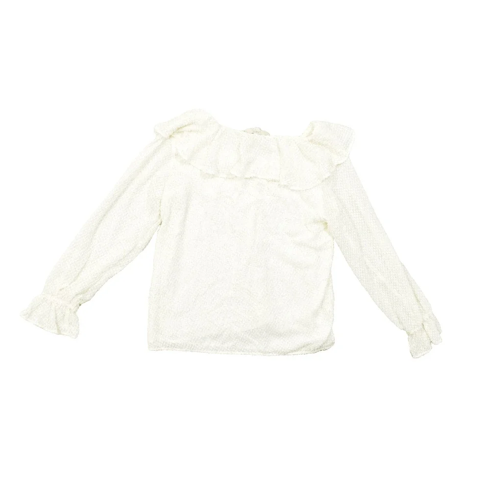 LOFT Women's Medium Cream Textured Ruffle V-Neck Long Sleeve Blouse Gold Metalli